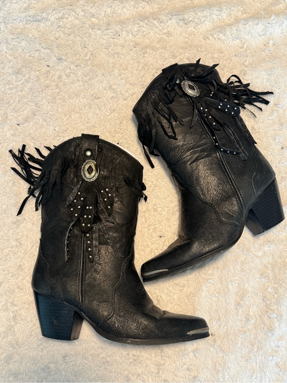Black Fringe Western Ankle Boots with Stud & Concho Detail